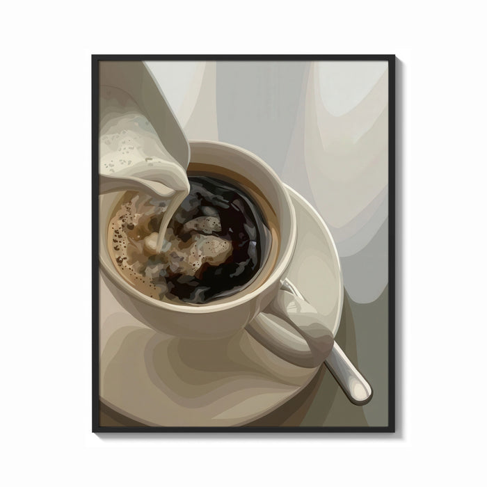 Framed Cream Poured into Black Coffee print shown as a bold statement piece on a clean gallery wall