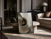 Cream Poured into Black Coffee print on the floor, leaning against a travertine table