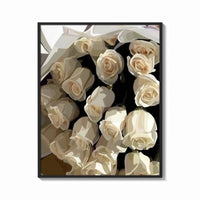 Framed Cream Rose Bouquet print shown as a bold statement piece on a clean gallery wall