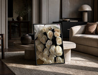 Cream Rose Bouquet print on the floor, leaning against a travertine table