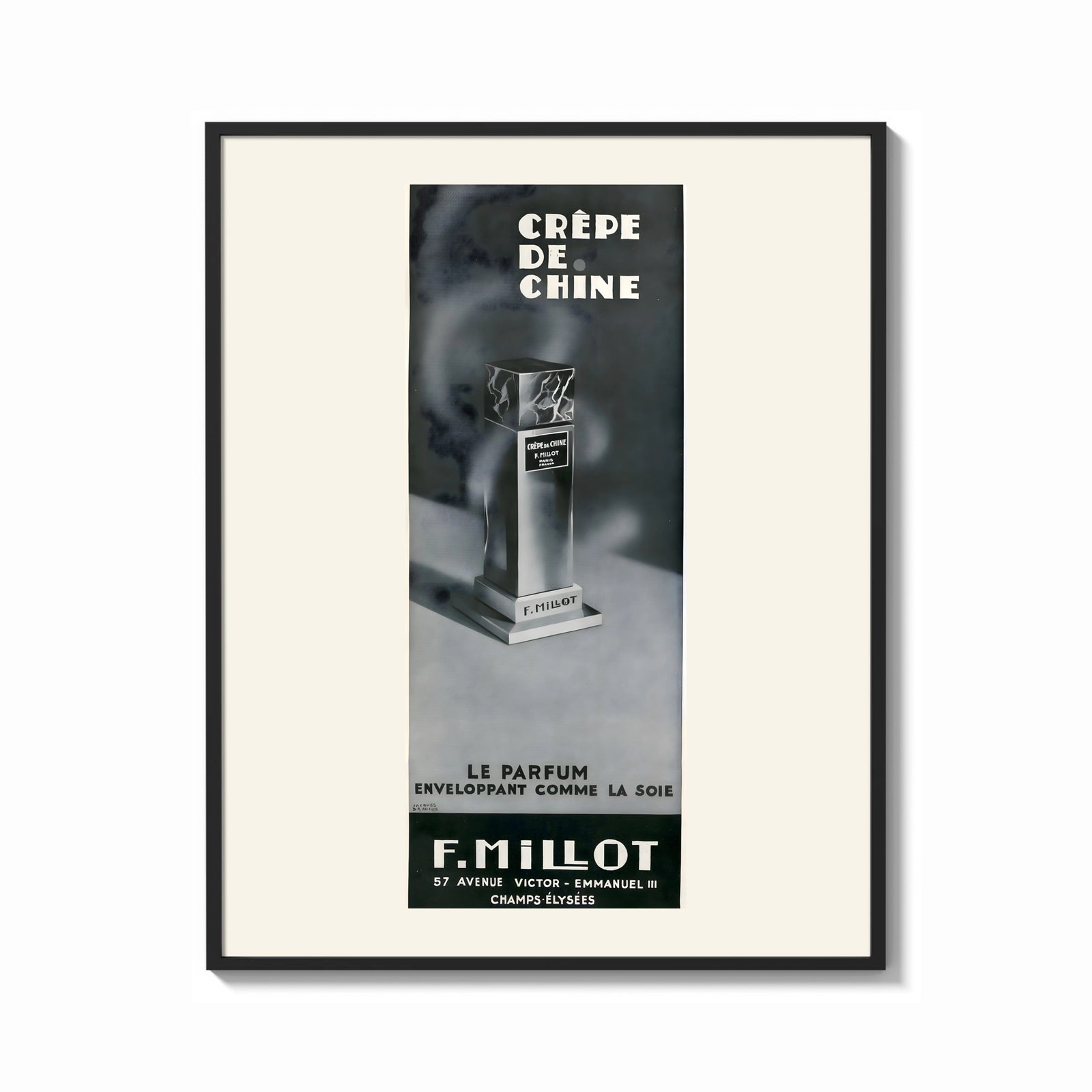 Framed Perfume bottle on pedestal print shown as a bold statement piece on a clean gallery wall