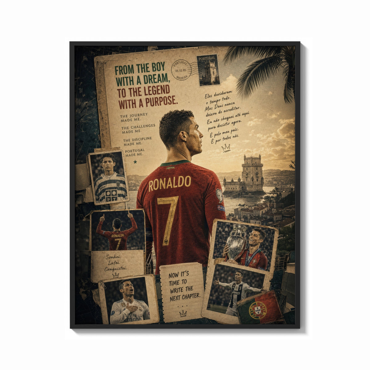 Framed Cristiano Ronaldo in Portugal number 7 shirt print shown as a bold statement piece on a clean gallery wall