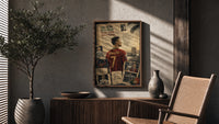 Cristiano Ronaldo in Portugal number 7 shirt poster framed above a fluted sideboard beside an olive tree