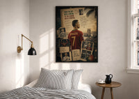 Cristiano Ronaldo print in a black frame above a bed with striped linens, a brass wall lamp and a sunlit window