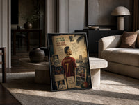 Cristiano Ronaldo in Portugal number 7 shirt print in a black frame leaning on a travertine table in a sunlit lounge