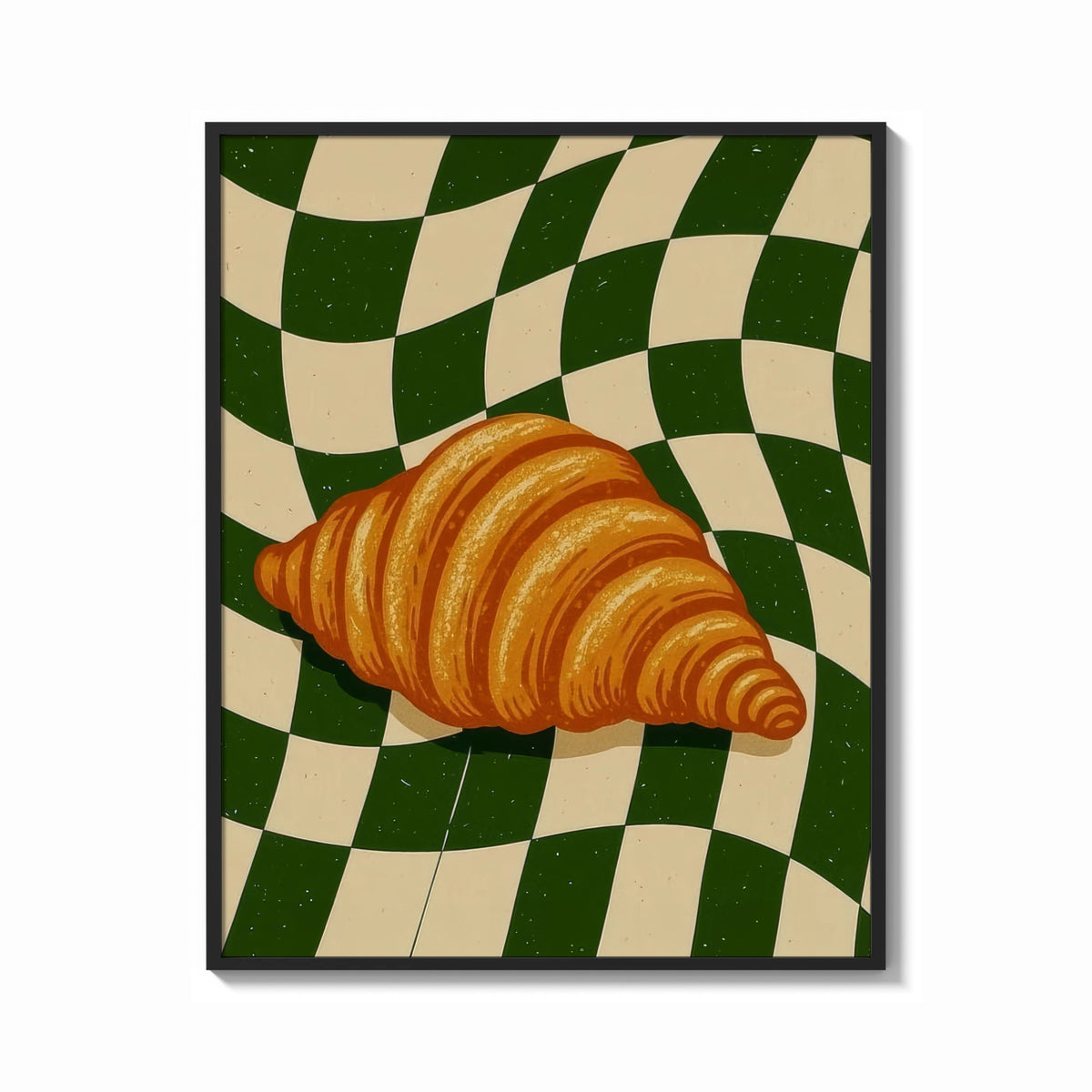 Framed Croissant on Green Checkerboard print shown as a bold statement piece on a clean gallery wall
