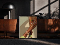 Black-framed Pale Green Platform Sandals print on the floor in front of a dark wooden console