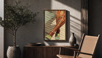 Pale Green Platform Sandals poster framed above a fluted sideboard beside a potted tree