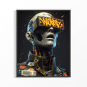 Artistic depiction of a robot with a colorful helmet and gold chains against a dark background