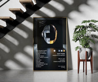 Daft Punk Random Access Memories Helmets framed print on a staircase entryway wall beside a plant