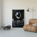 Daft Punk Random Access Memories Helmets poster framed above a tan leather living-room couch