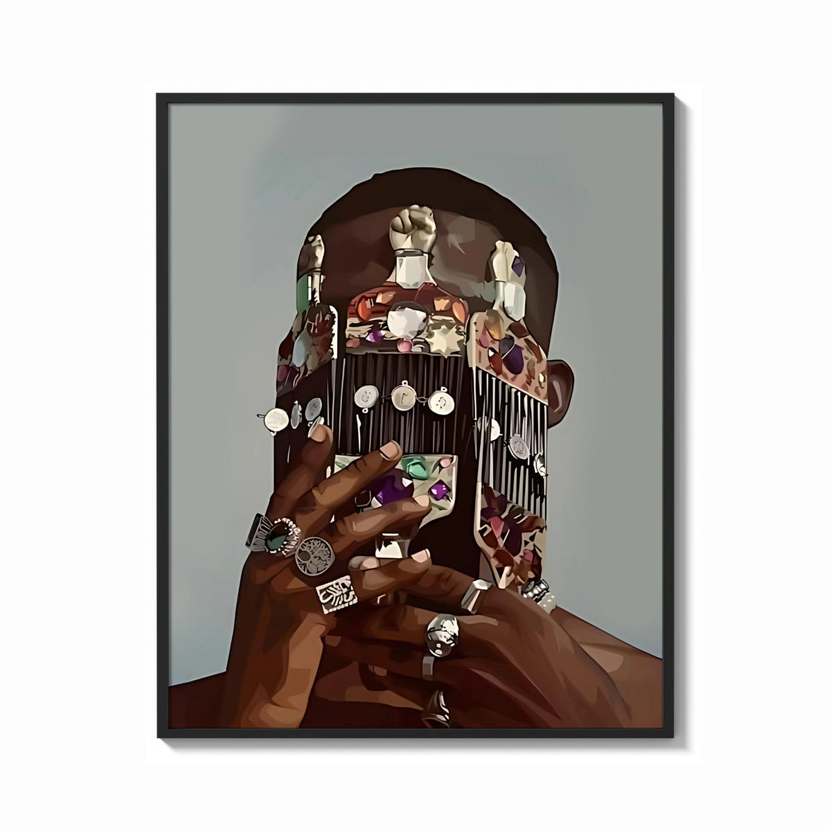 Framed Dangling Jewelry Over the Face print shown as a bold statement piece on a clean gallery wall