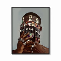 Framed Dangling Jewelry Over the Face print shown as a bold statement piece on a clean gallery wall