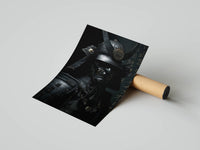 Dark armor samurai print with horn crests and calligraphy partly unrolled from a shipping tube