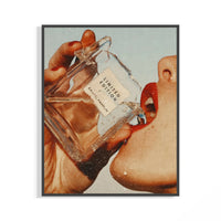 Dark-framed editorial close-up of red lips meeting a crystal Eau de Parfum bottle in warm coral tones on pale blue background