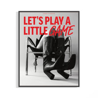 Dark-framed fashion poster on white wall with red text over B&W woman in black croc thigh-high boots on a chrome chair