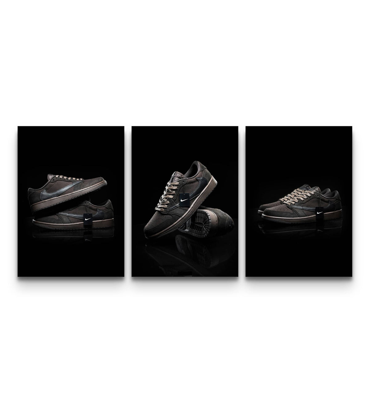 Three dark mocha sneaker prints on black reflective backgrounds displayed side by side as a coordinated trio