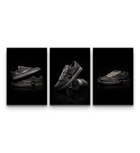 Three dark mocha sneaker prints on black reflective backgrounds displayed side by side as a coordinated trio