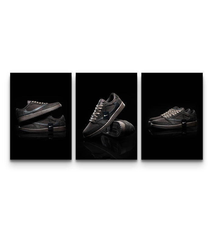 Three dark mocha sneaker prints on black reflective backgrounds displayed side by side as a coordinated trio
