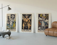 Three 1909 tarot cards three-panel set displayed beside a brown leather sofa