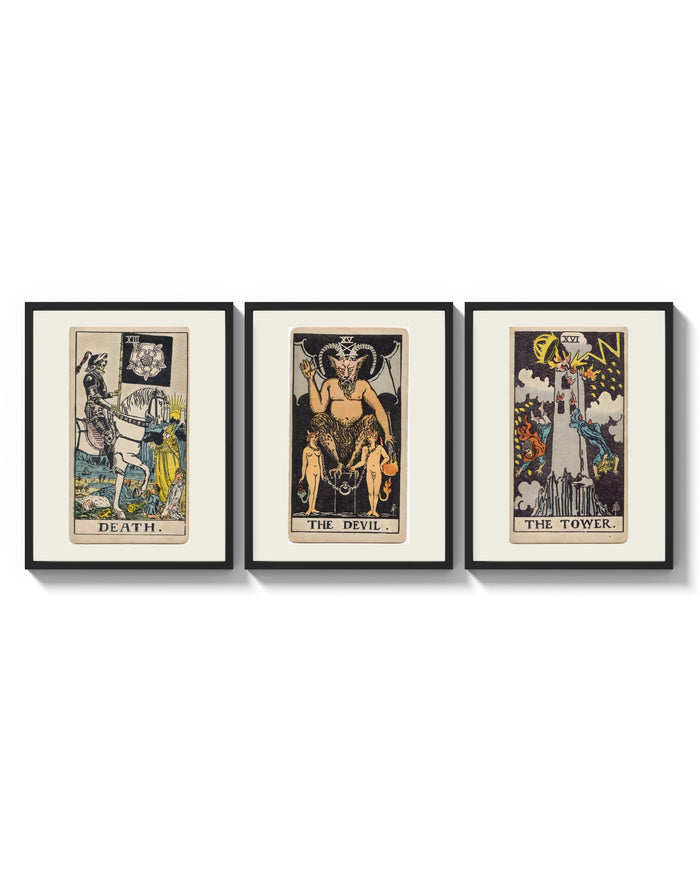 Three 1909 tarot cards three-panel set arranged as a triptych on a bright gallery wall