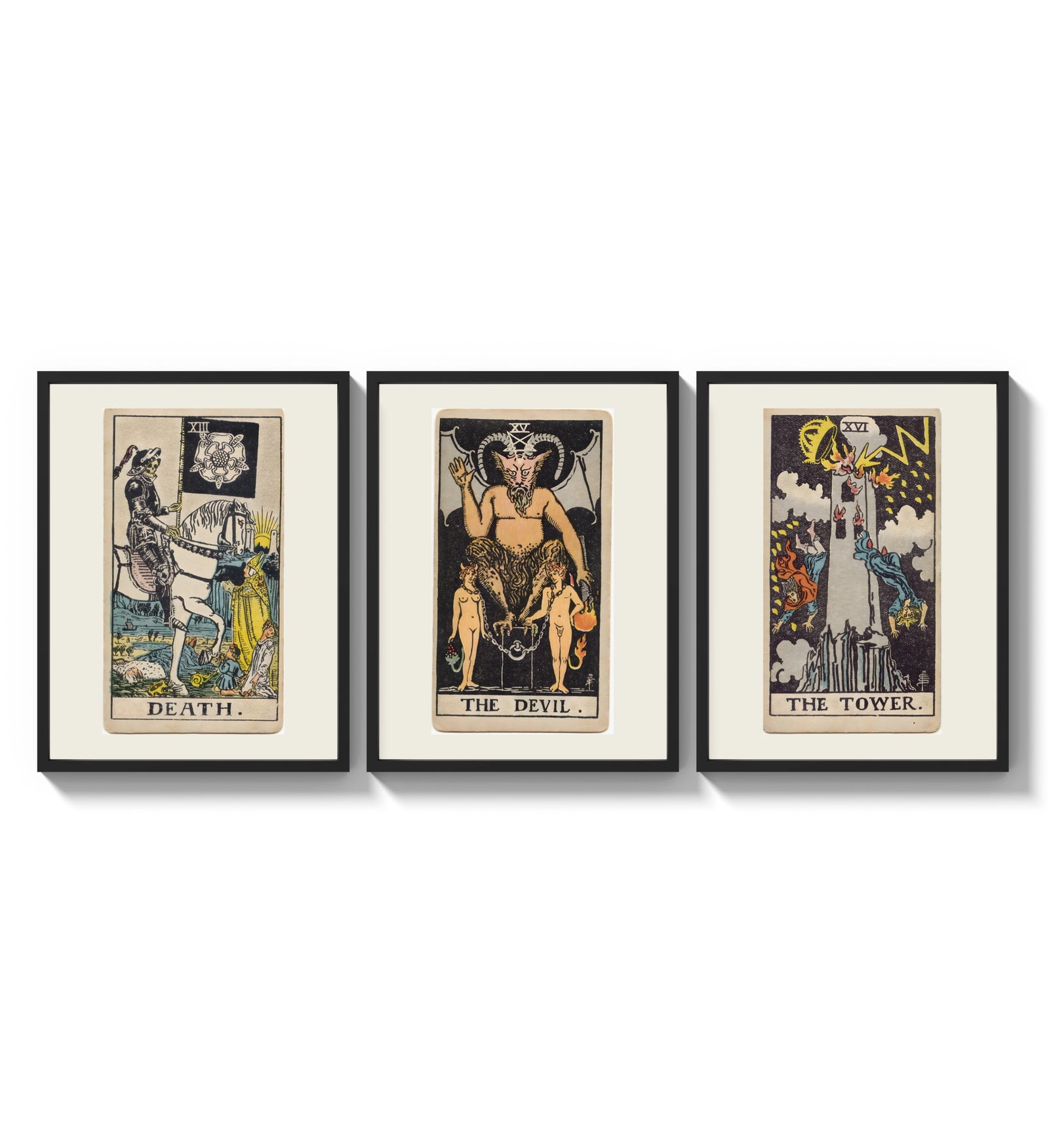 Three 1909 tarot cards three-panel set arranged as a triptych on a bright gallery wall