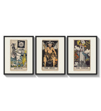 Three 1909 tarot cards three-panel set arranged as a triptych on a bright gallery wall