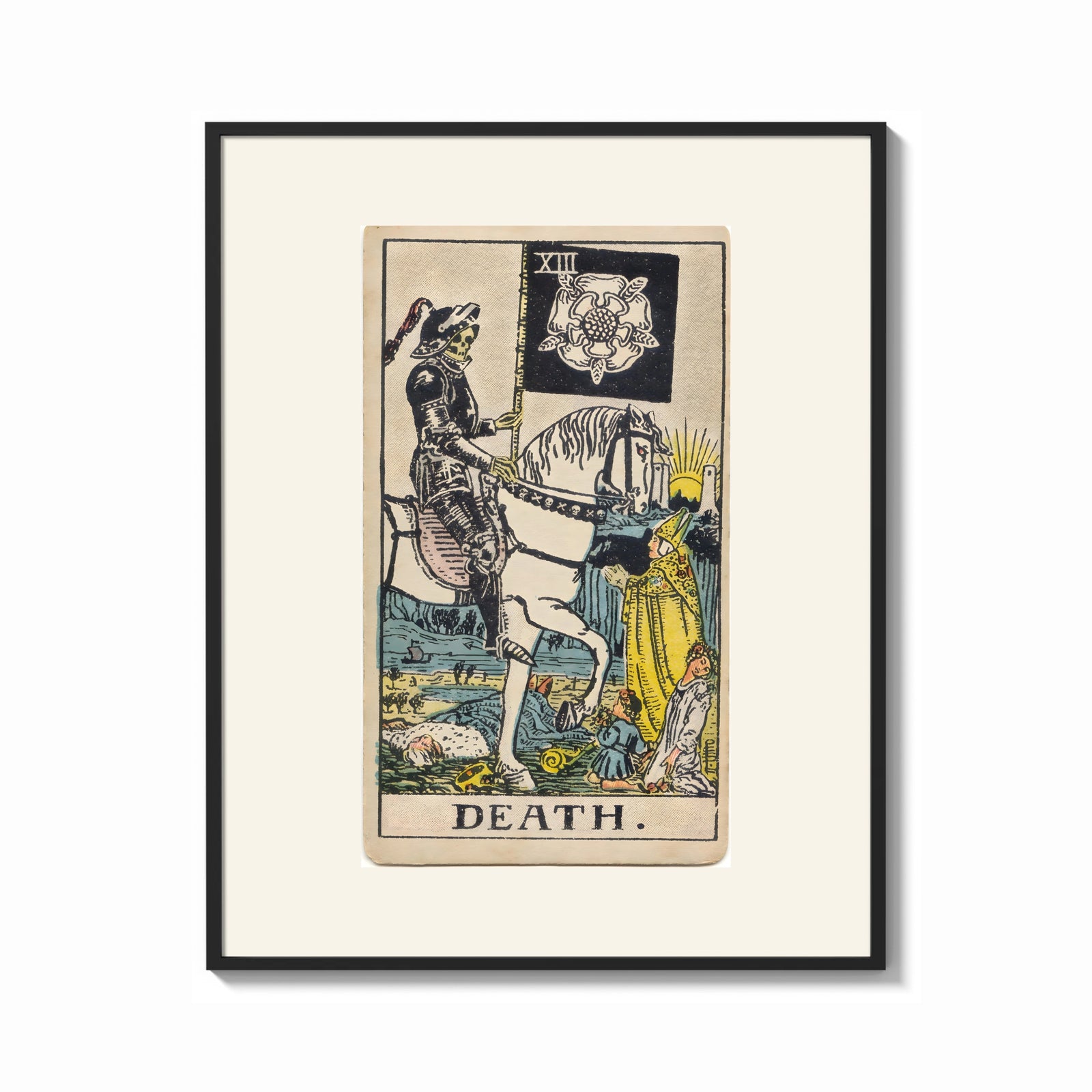 Framed Skeleton knight riding white horse print shown as a bold statement piece on a clean gallery wall