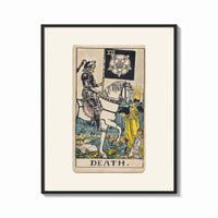 Framed Skeleton knight riding white horse print shown as a bold statement piece on a clean gallery wall