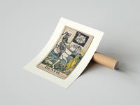 Rolled Skeleton knight riding white horse poster beside its crush-resistant kraft shipping tube