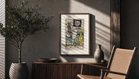 Skeleton knight riding white horse poster framed above a fluted sideboard beside an olive tree