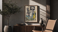 Death poster framed above a fluted sideboard beside a potted tree