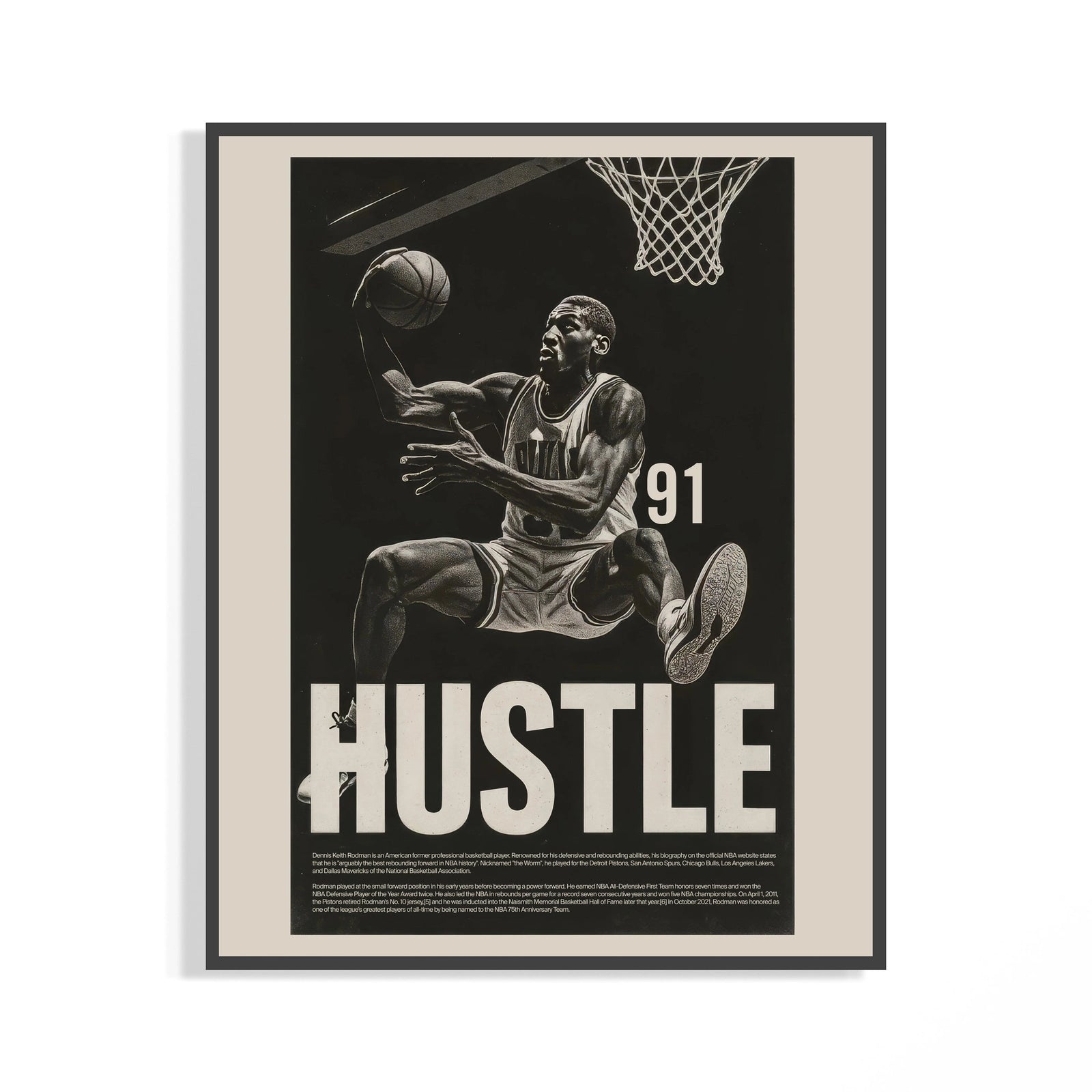 Black framed Dennis Rodman hustle print in monochrome showing basketball action on a wall