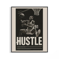 Black framed Dennis Rodman hustle print in monochrome showing basketball action on a wall