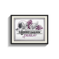 Framed Woman smelling lilac flowers print shown as a wide statement piece on a clean white wall