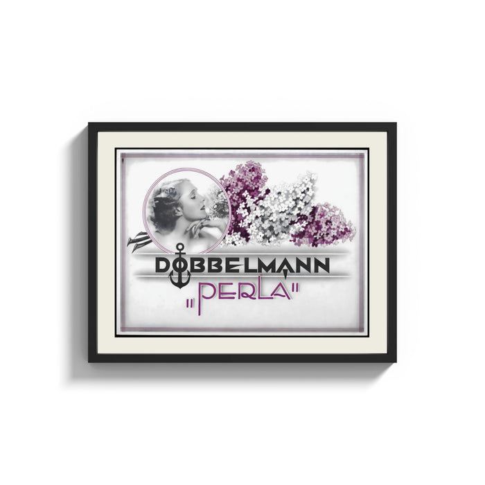 Framed Woman smelling lilac flowers print shown as a wide statement piece on a clean white wall