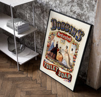 Victorian women in ornate dresses poster in a black frame leaning beside a shelf in a raw-plaster loft