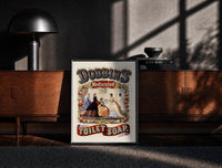 Black-framed Victorian women in ornate dresses print on a moody console with designer coffee-table books