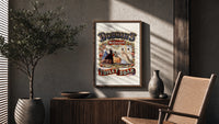 Victorian women in ornate dresses poster framed above a fluted sideboard beside an olive tree