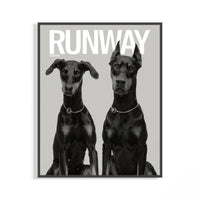 Black framed monochrome poster of two Doberman Pinschers wearing chain collars in elegant standing poses