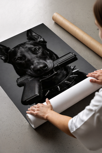Hands unrolling a black and white Doberman poster on a concrete floor beside flattened cardboard