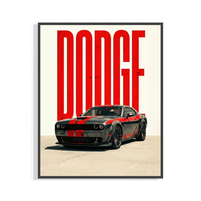 Dodge Challenger SRT poster in black frame showing weathered black paint and red racing stripes