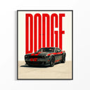 Dodge Challenger SRT Muscle Car poster print in black frame featuring weathered black finish with red racing stripes