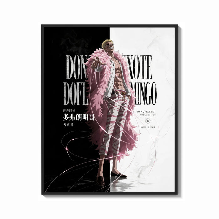 Framed blond man in pink feather coat print shown as a bold statement piece on a clean gallery wall