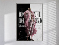 blond man in pink feather coat poster in a slim frame on a bright wall with soft window light