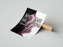 Rolled blond man in pink feather coat poster beside its crush-resistant kraft shipping tube