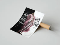 Rolled blond man in pink feather coat poster beside its crush-resistant kraft shipping tube