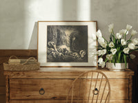 Radiant angel guiding two figures print in an oak frame on a farmhouse dresser beside white tulips