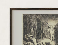 Close-up of the Radiant angel guiding two figures print's dark wood frame corner and archival matte paper