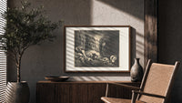 Radiant angel guiding two figures print in a wood frame above a fluted sideboard beside an olive tree